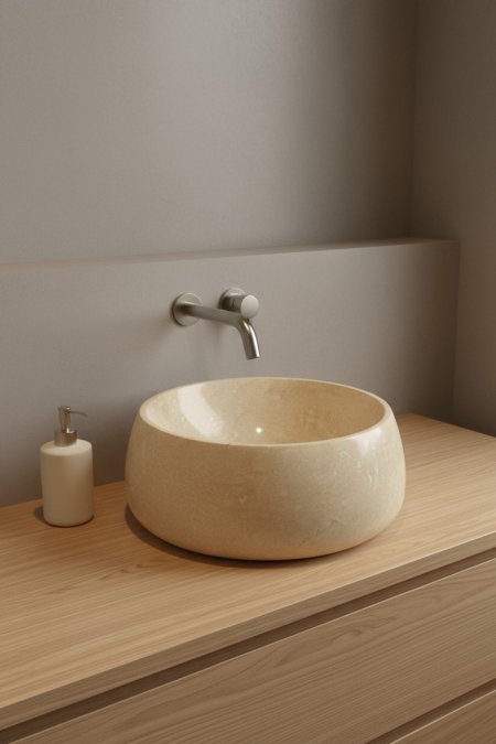 حوض مغسلة حجري بلون بيج ذهبي – تصميم فاخر وناعم